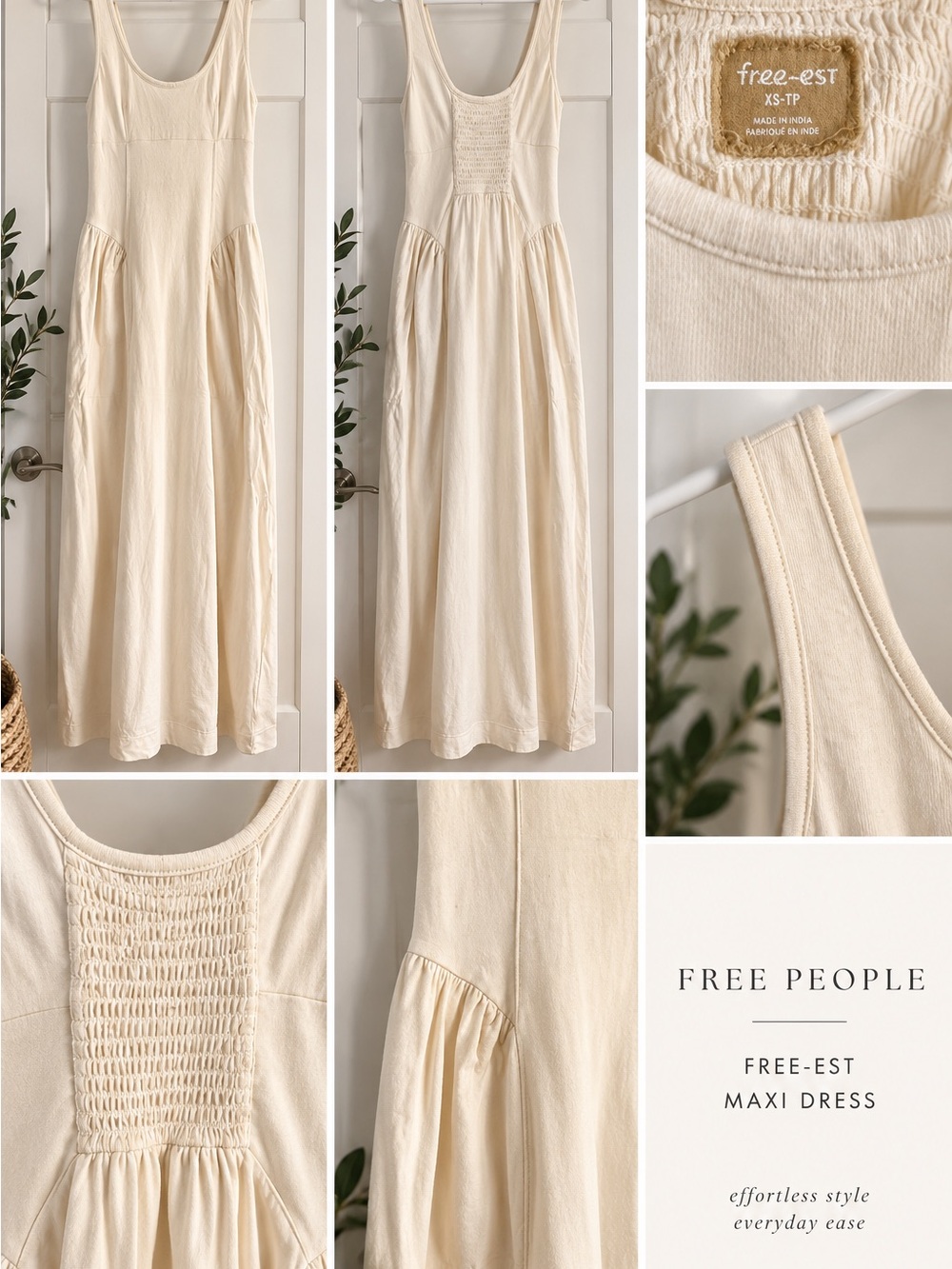 Free People Cream Smocked Tank Maxi Dress